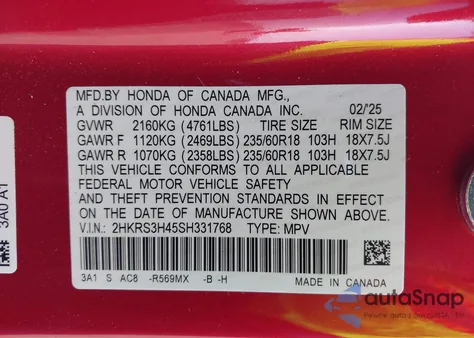 2025 Honda Cr-V Ex 2Wd from USA, damaged, VIN 2HKRS3H45SH331768